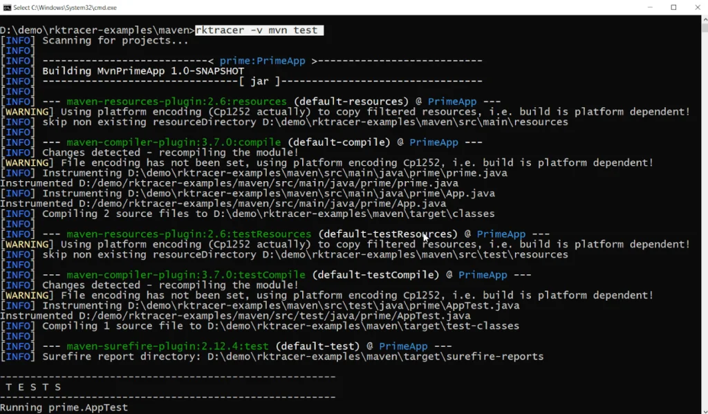 Terminal running rktracer -v mvn clean test, showing RKTracer instrumenting the Java sources and adding its runtime library to the Maven build