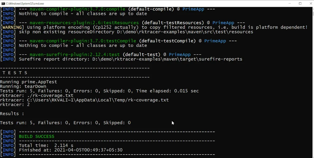 Maven test run on the RKTracer-instrumented application, with the unit tests passing and coverage metrics written out to rk-coverage.txt