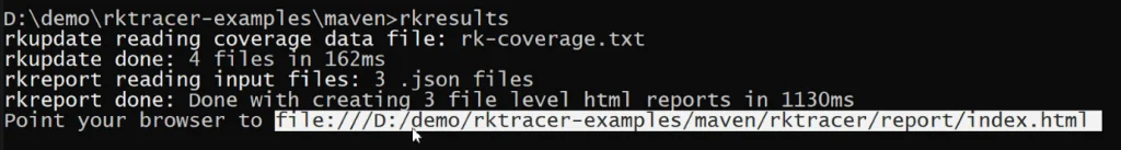 Running the rkresults command in the application root folder to map rk-coverage.txt against the instrumentation JSON and build the HTML report