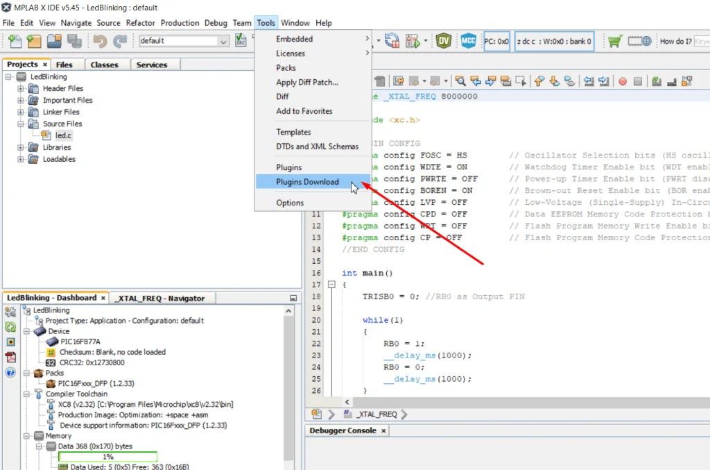 Opening the MPLAB X Plugin Manager from the Tools menu in MPLAB IDE to install the RKTracer plugin