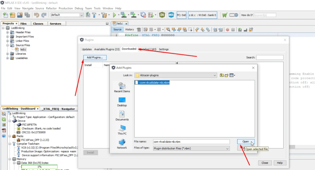 Adding the com-rkvalidate-nb.nbm RKTracer plugin from the Downloaded tab of the MPLAB X Plugin Manager