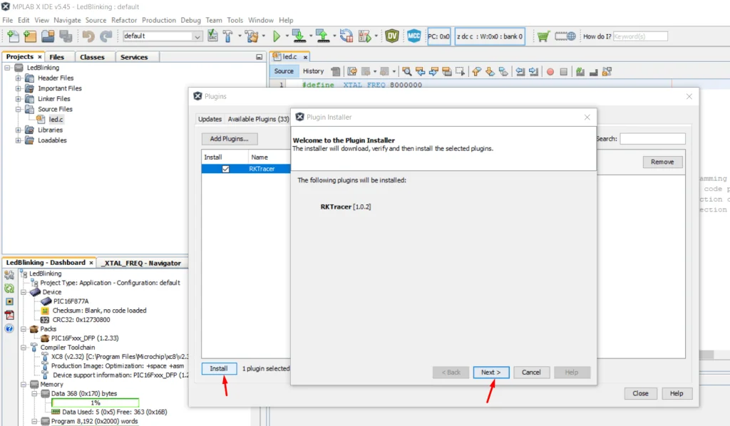 Following the MPLAB X plugin installer prompts to install the RKTracer plugin
