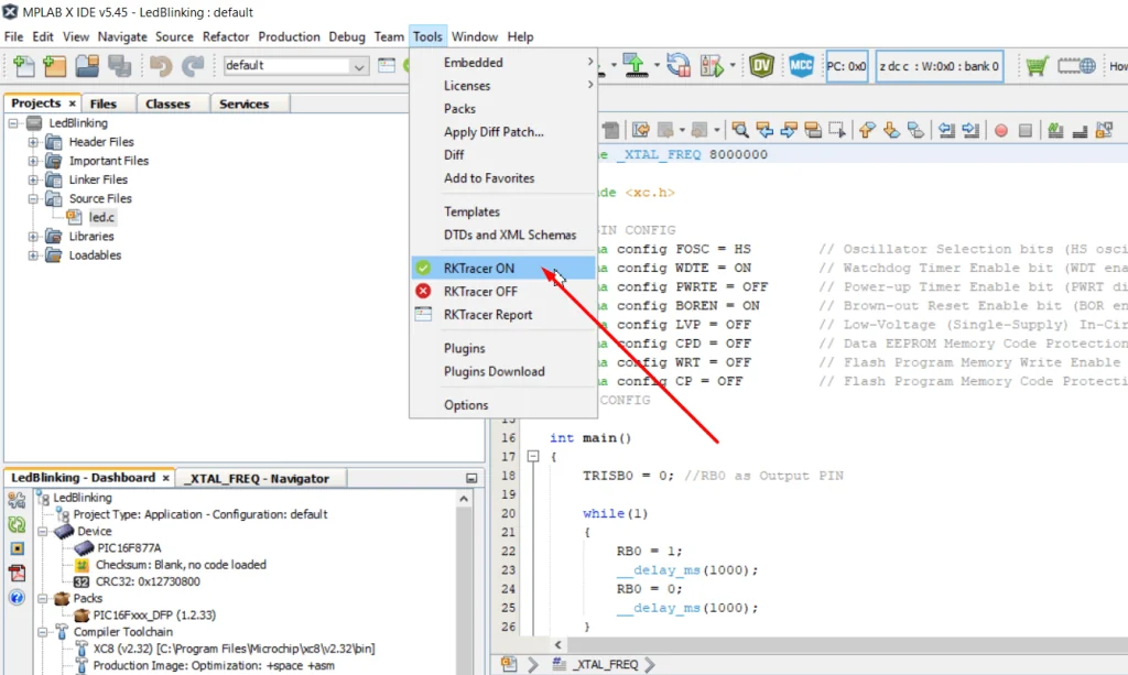 RKTracer ON, OFF and Reports options shown in the MPLAB IDE Tools menu after the plugin is installed