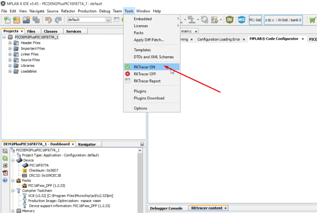 Enabling instrumentation with Tools then RKTracer ON in Microchip MPLAB IDE