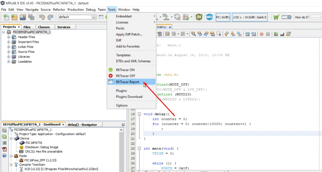 RKTracer HTML code coverage report landing page generated from RK_MEM.raw for an MPLAB IDE project