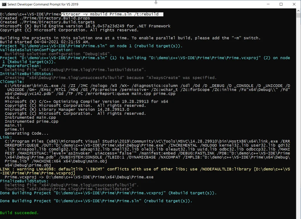 Visual Studio developer command prompt running rktracer -v msbuild to rebuild the solution and instrument every C/C++ source file