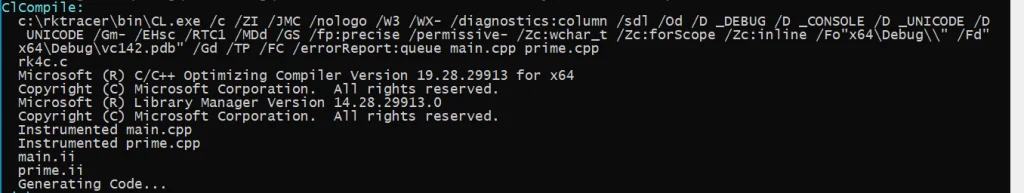 RKTracer verbose log showing the preprocess command used to expand a source file before instrumentation