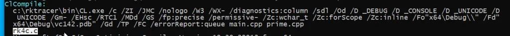 RKTracer log line showing librklic instrumenting the preprocessed file and writing the prime.ii output with JSON metadata