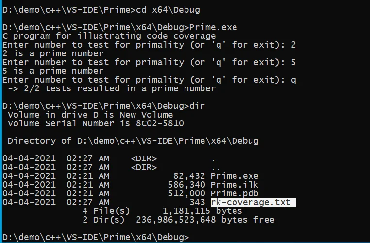 Running the instrumented MSBuild application to execute functional tests, with coverage metrics written to rk-coverage.txt