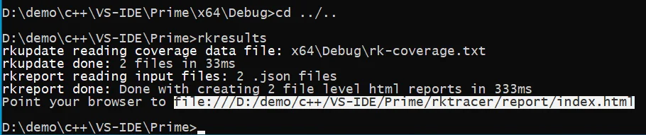 Running the rkresults command in the project root to map rk-coverage.txt to the instrumentation JSON and build the HTML coverage report