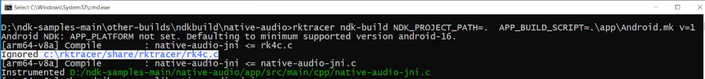 RKTracer automatically adding its coverage runtime library to the NDK link step during the ndk-build process