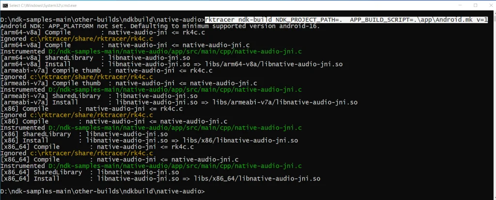 RKTracer instrumenting an Android NDK project after prefixing rktracer to the ndk-build command, showing per-file compilation and instrumentation output in the terminal