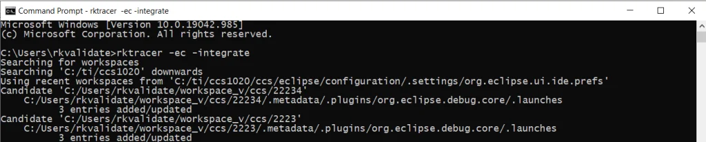 Command prompt running rktracer -ec -integrate to install the RKTracer plugin for Eclipse IDE
