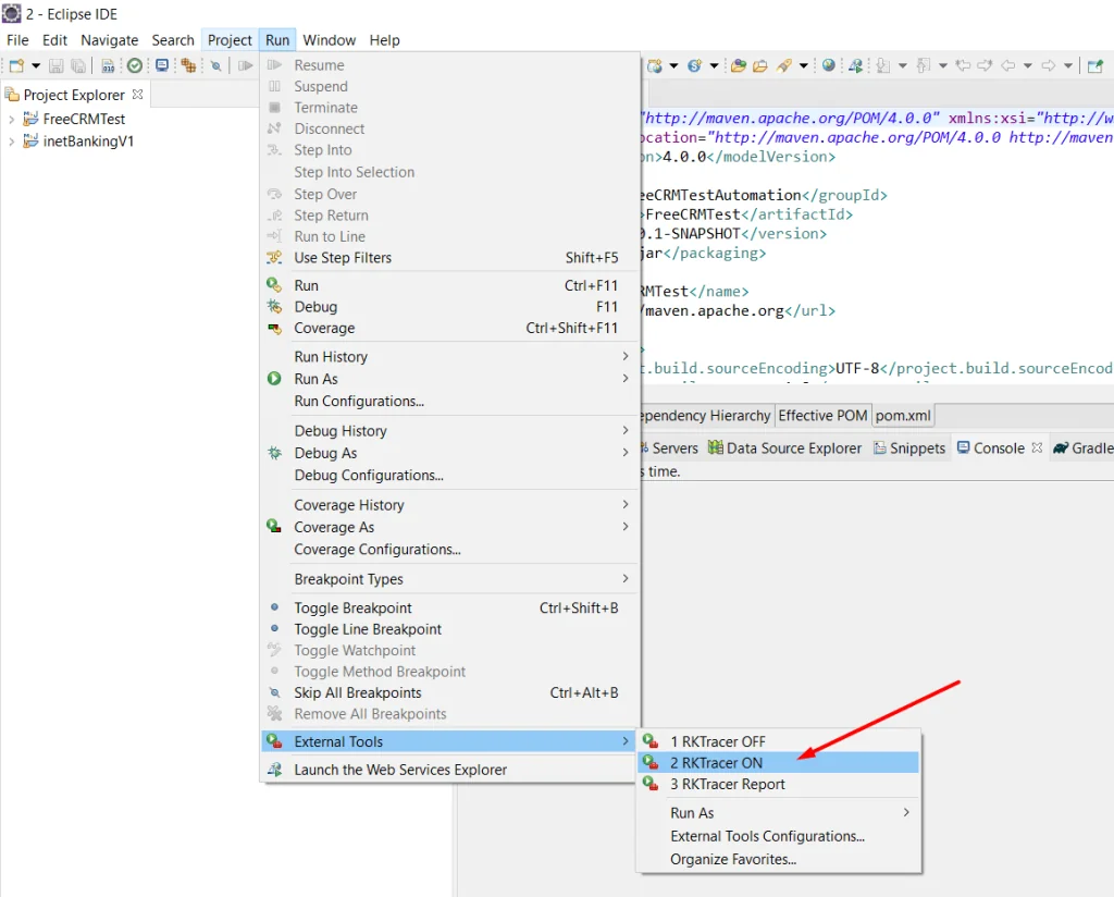 Eclipse IDE Run menu showing RKTracer options under External Tools after integration