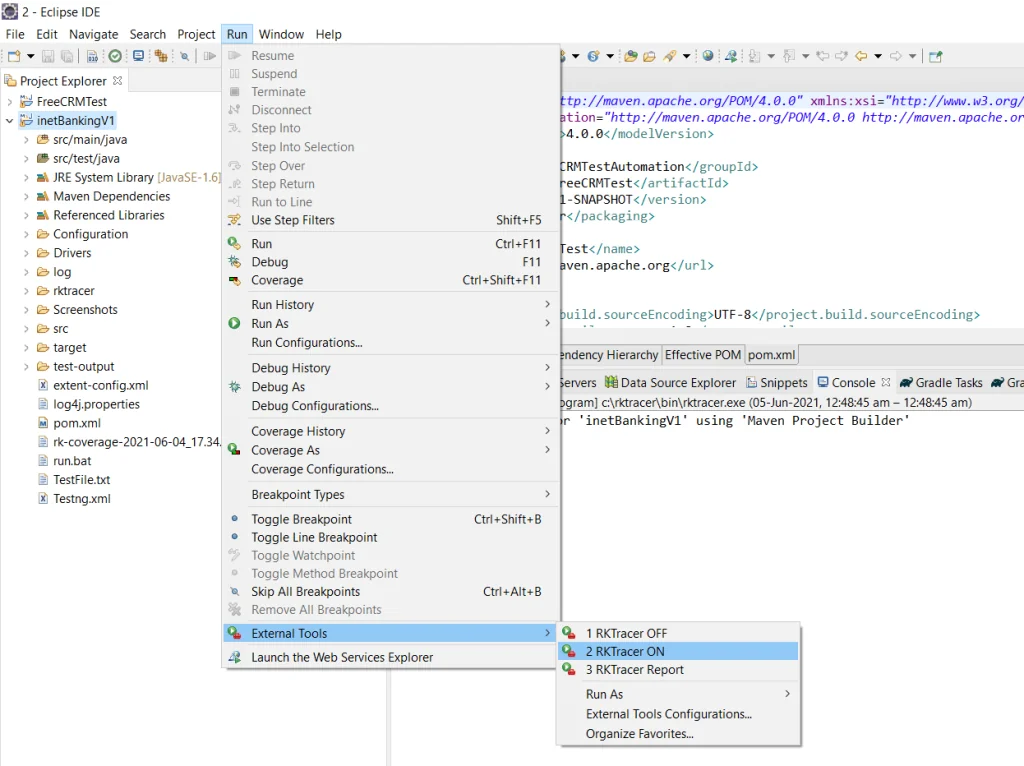 Enabling RKTracer ON from Run, External Tools for the selected Java project in Eclipse project explorer