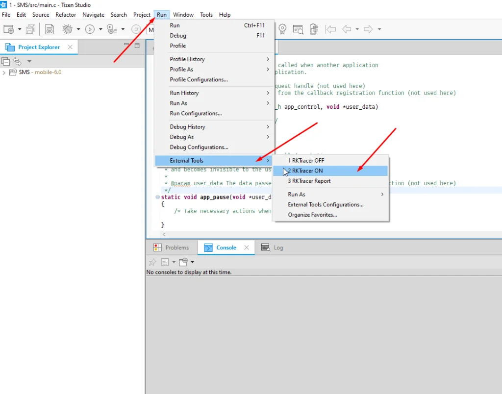 Tizen Studio IDE Run menu External Tools showing the RKTracer ON, RKTracer OFF, and RKTracer Reports entries after integration