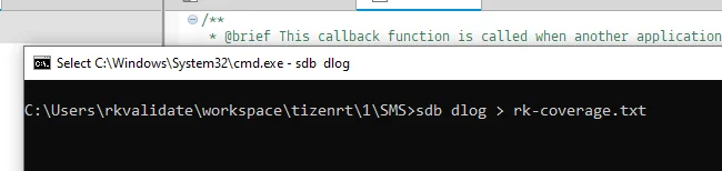 Terminal running sdb dlog redirected to rk-coverage.txt to save coverage data from the target device