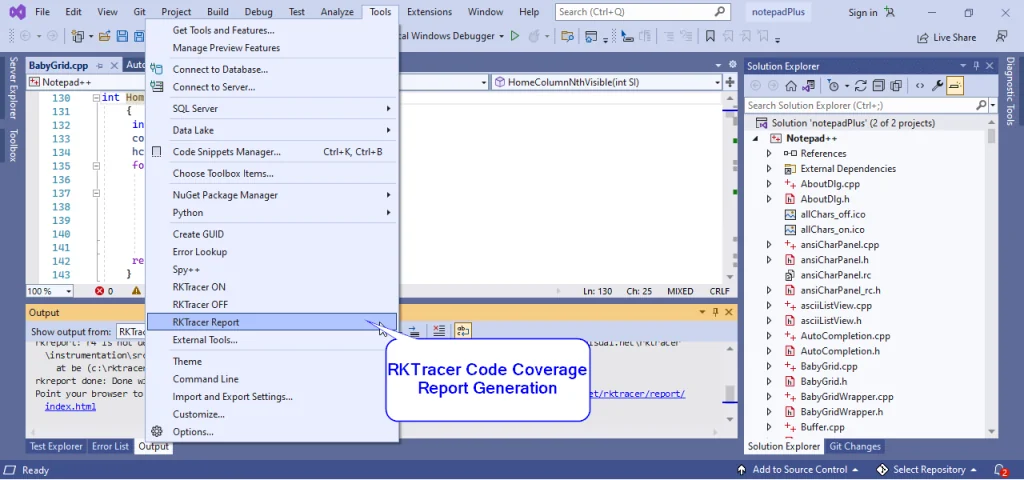 Choosing RKTracer Report from the Visual Studio Tools menu to generate the HTML code coverage reports
