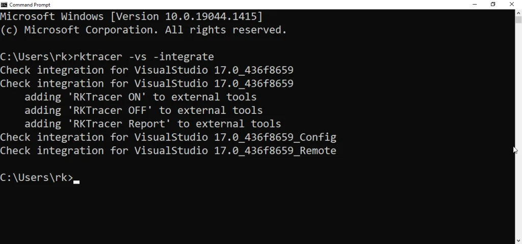 Command prompt output confirming successful RKTracer integration with the Visual Studio IDE after running rktracer -vs -integrate