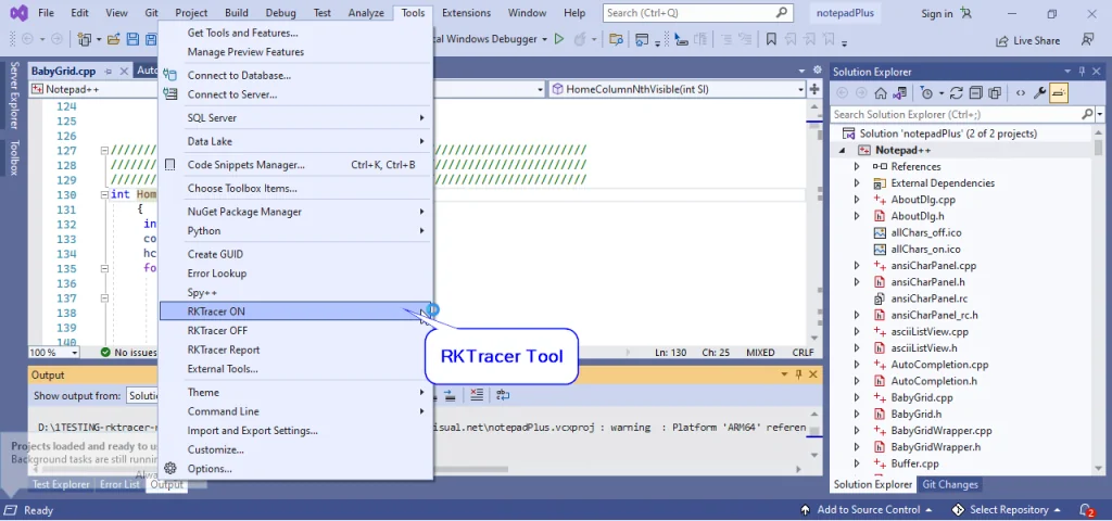 RKTracer ON, OFF and Reports options shown in the Visual Studio Tools menu after integration