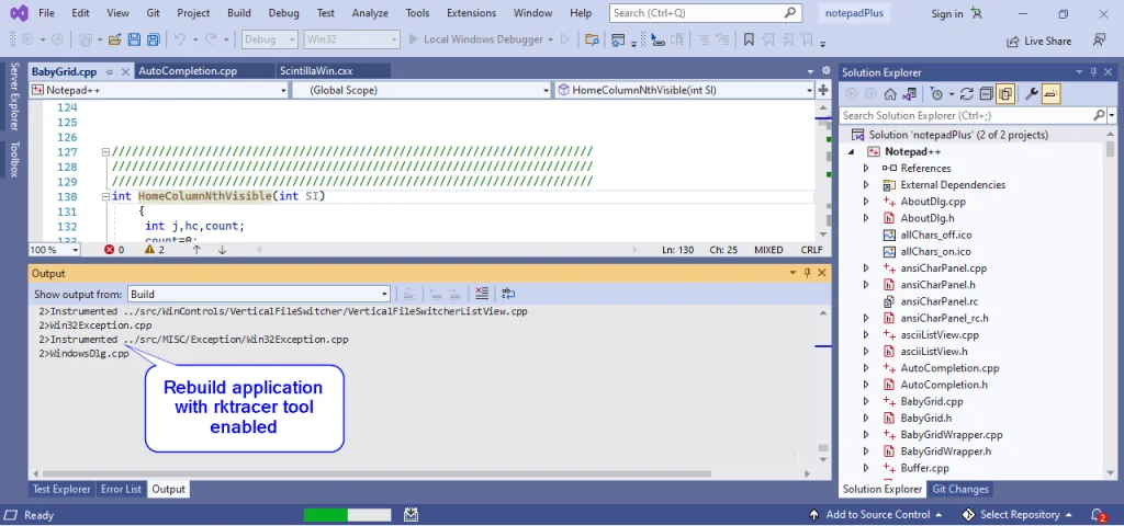 Rebuilding the application in Visual Studio with RKTracer enabled so the sources are instrumented for coverage